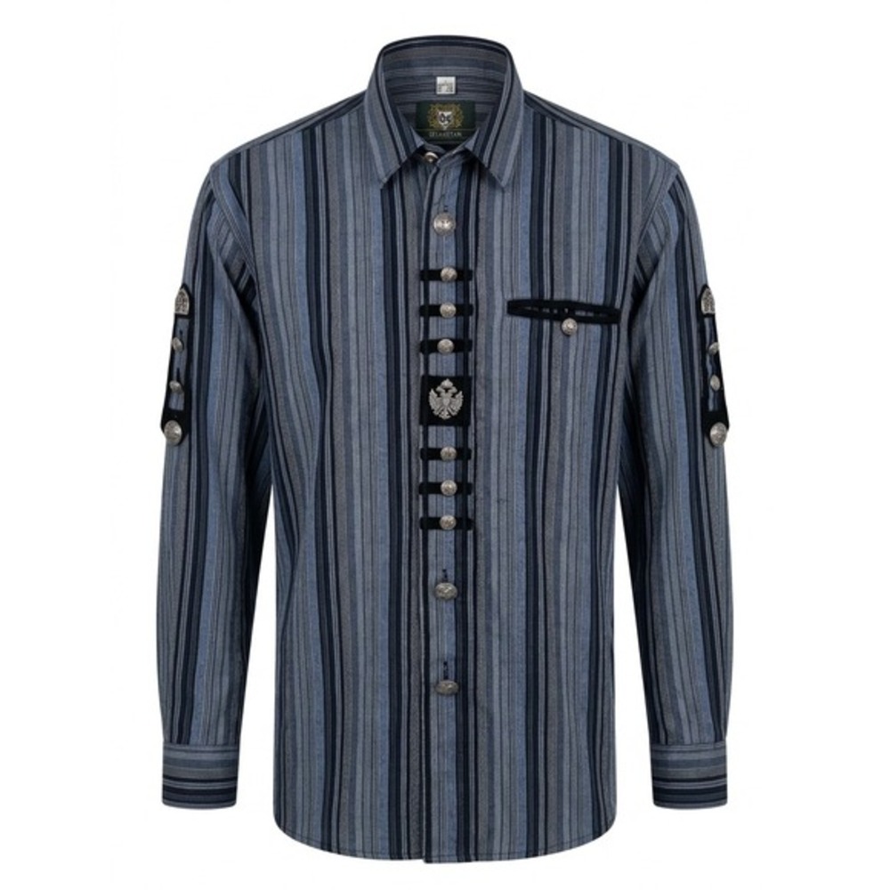 NWOT OS Trachten Bavarian Shirt Blue Gray Striped Silver Crest‎ Buttons Large
